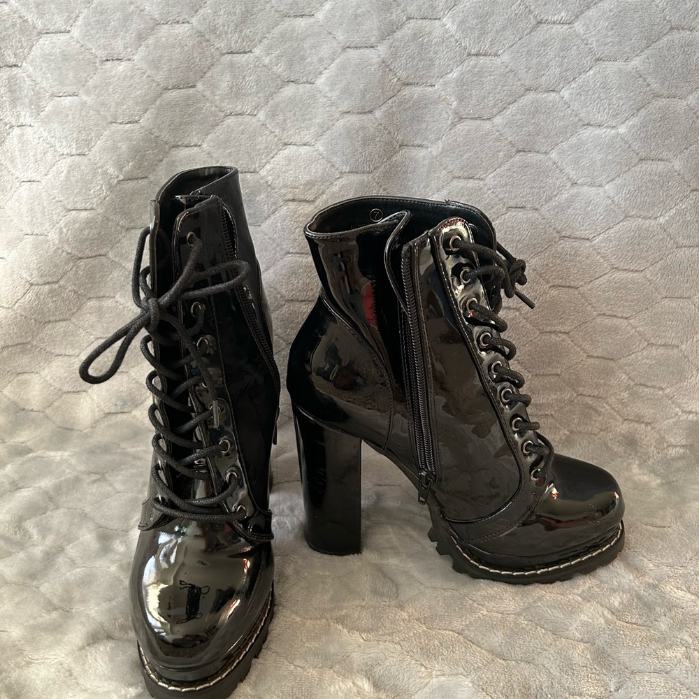 Black Patent Leather Lace-Up Boots